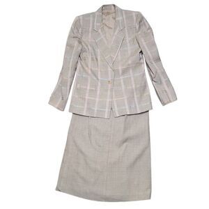 Michelle Stuart Skirt Suit Women's Sz 4 Tan Multi Plaid Padded Shoulder 2 Piece